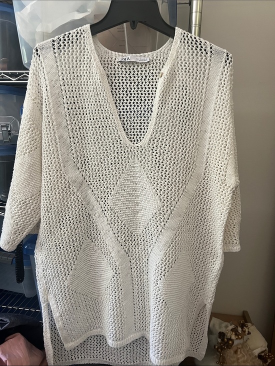 Zara Tops - Zara Europe Oversized White Open-Knit V-Neck Sweater Tunic Swim Cover Up S/M NEW